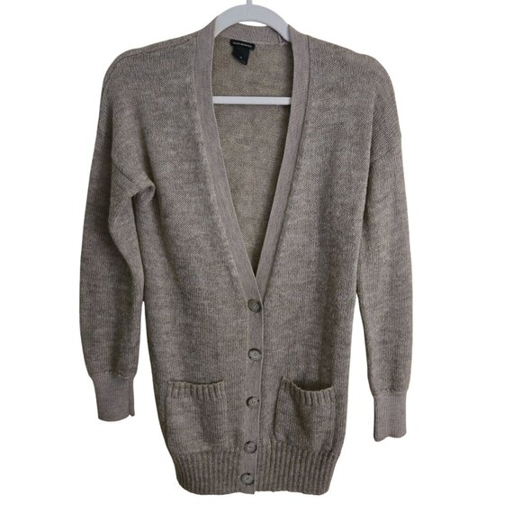 Club Monaco Neutral Wool Blend V Neck Elbow Patch Cardigan Sweater *Flaw Size S - Picture 1 of 7